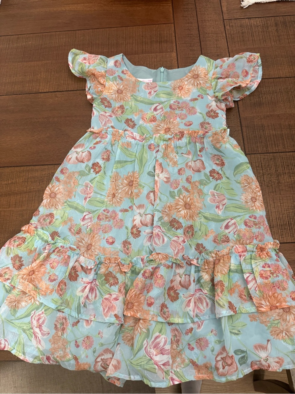 Bonnie Jean Girls' Floral Ruffle Dress - Light Blue and Peach